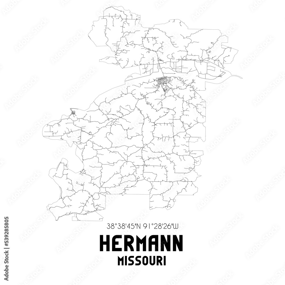 Hermann Missouri. US street map with black and white lines.