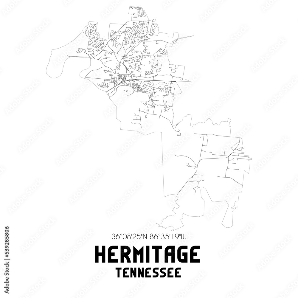 Hermitage Tennessee. US street map with black and white lines.