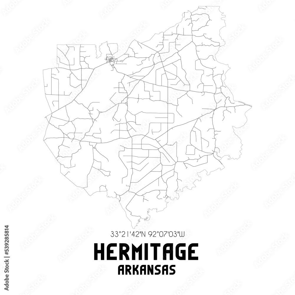 Hermitage Arkansas. US street map with black and white lines.