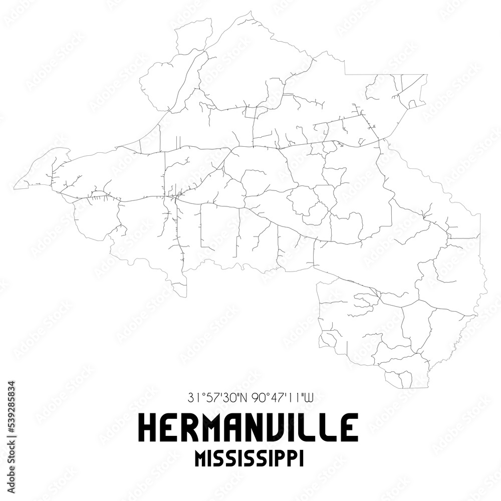 Hermanville Mississippi. US street map with black and white lines.