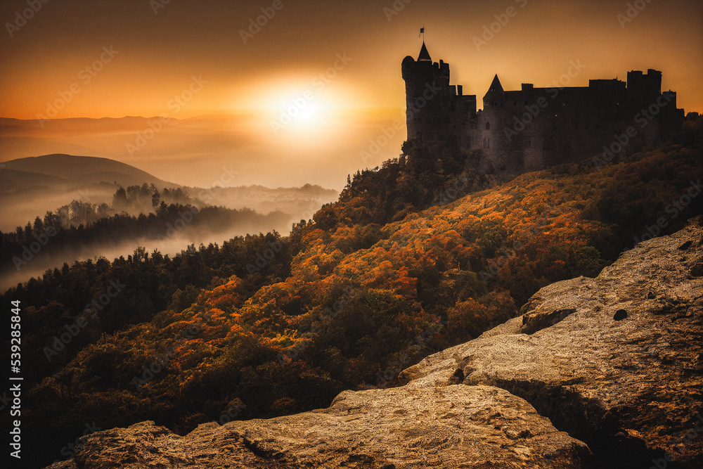 Medieval castle on top of a hill next to a forest at sunset