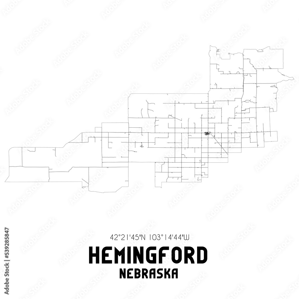 Hemingford Nebraska. US street map with black and white lines.