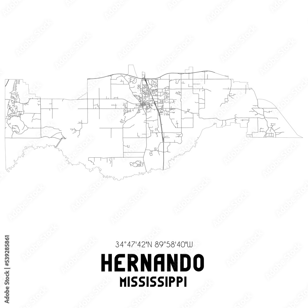 Hernando Mississippi. US street map with black and white lines.