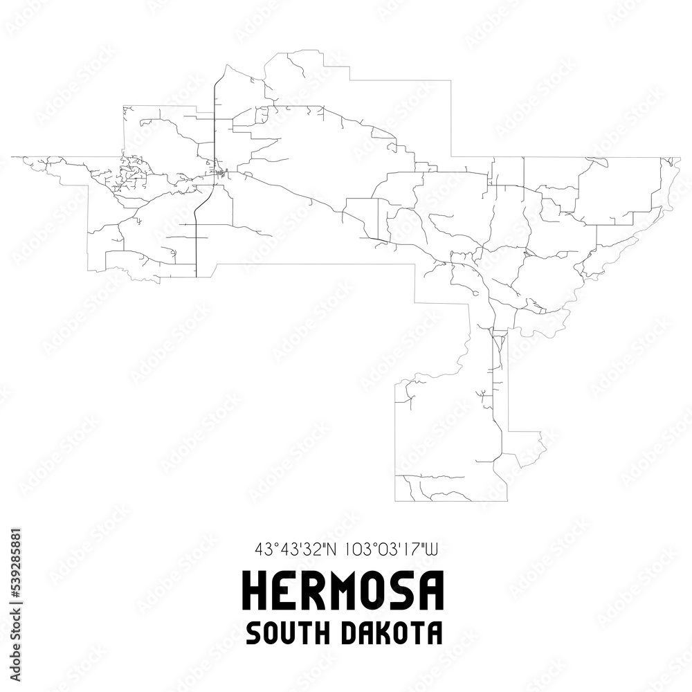 Hermosa South Dakota. US street map with black and white lines.