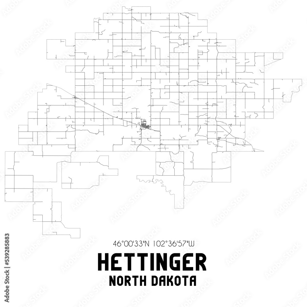 Hettinger North Dakota. US street map with black and white lines.