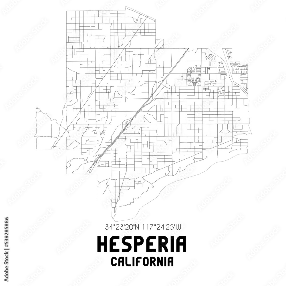 Hesperia California. US street map with black and white lines.