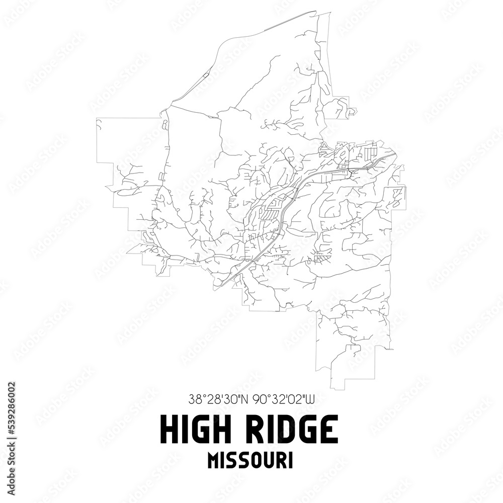 High Ridge Missouri. US street map with black and white lines.
