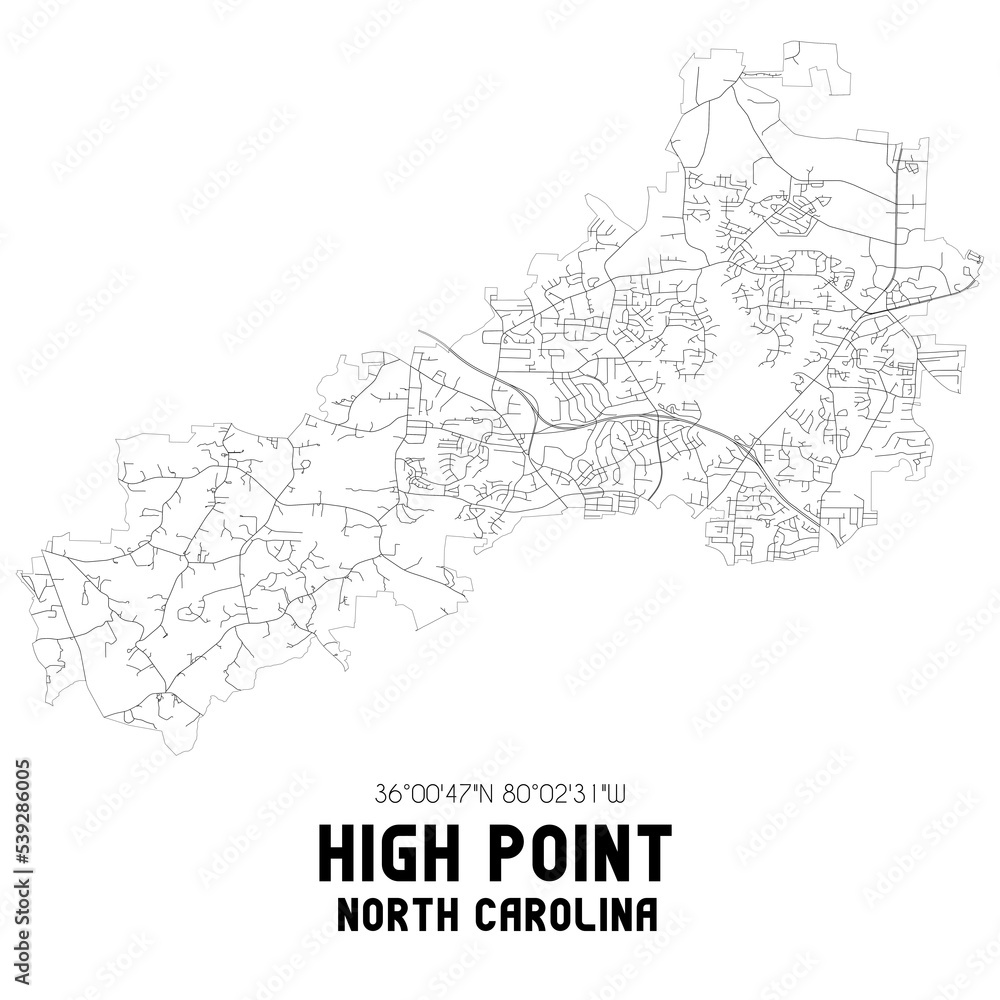 High Point North Carolina. US street map with black and white lines.