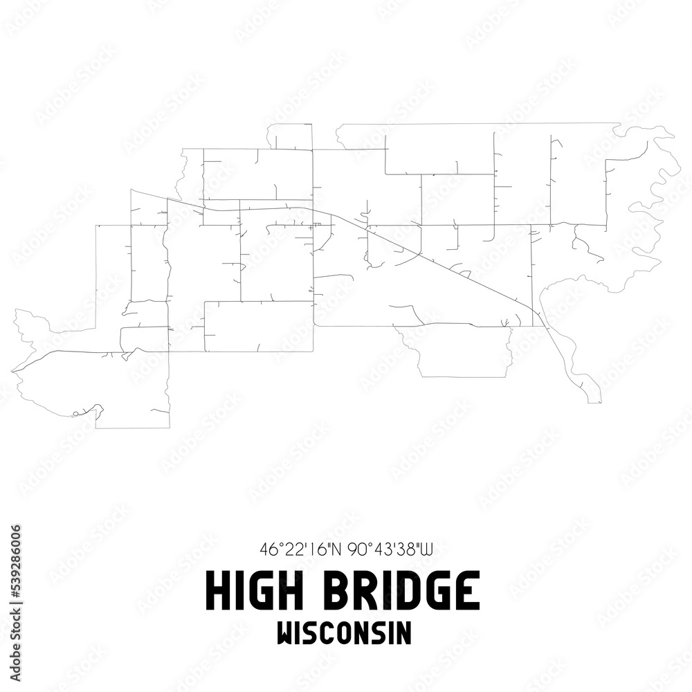 High Bridge Wisconsin. US street map with black and white lines.