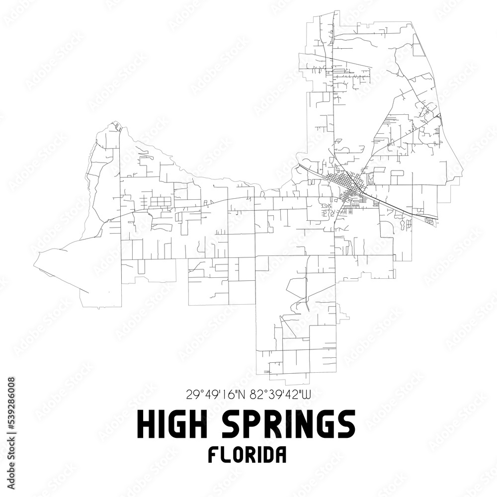 High Springs Florida. US street map with black and white lines.