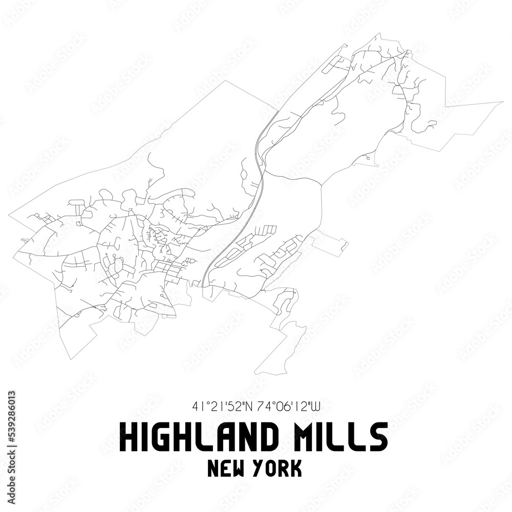 Highland Mills New York. US street map with black and white lines.
