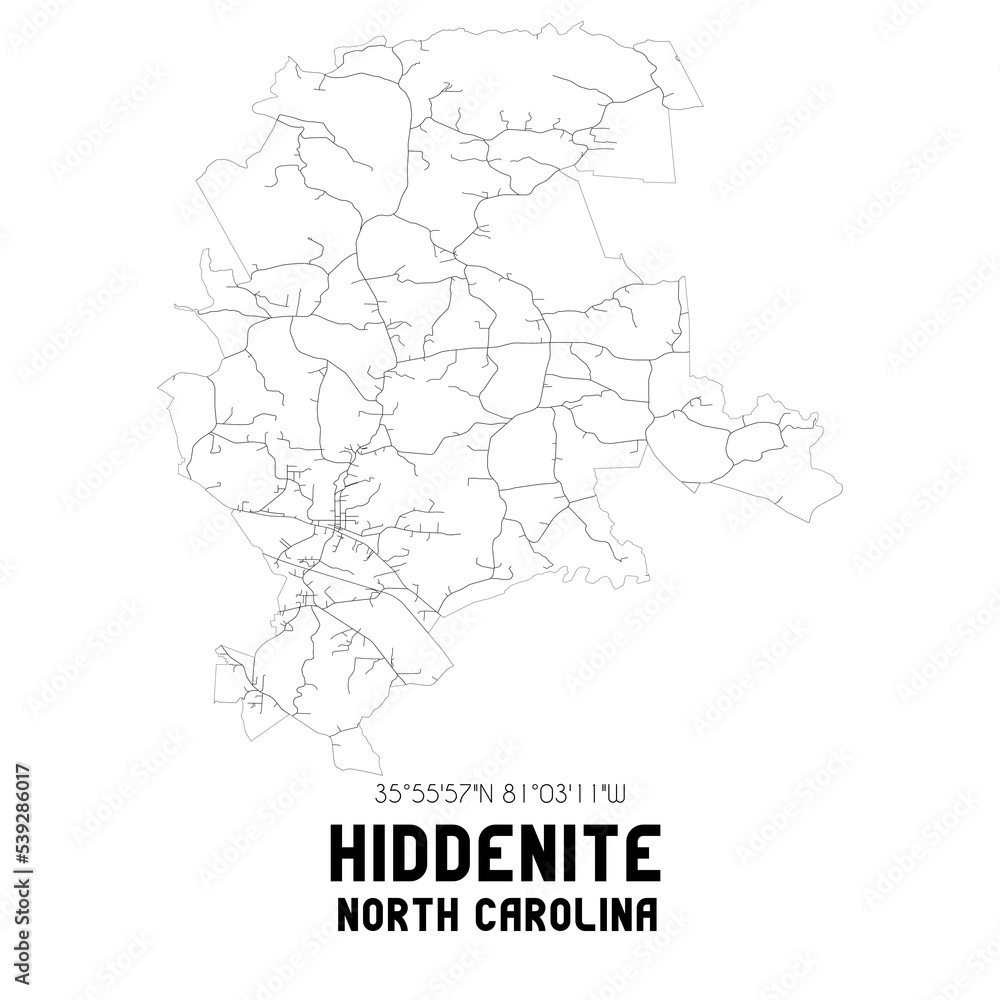 Hiddenite North Carolina. US street map with black and white lines.