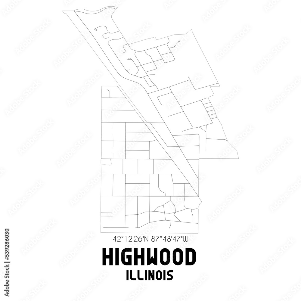 Highwood Illinois. US street map with black and white lines.