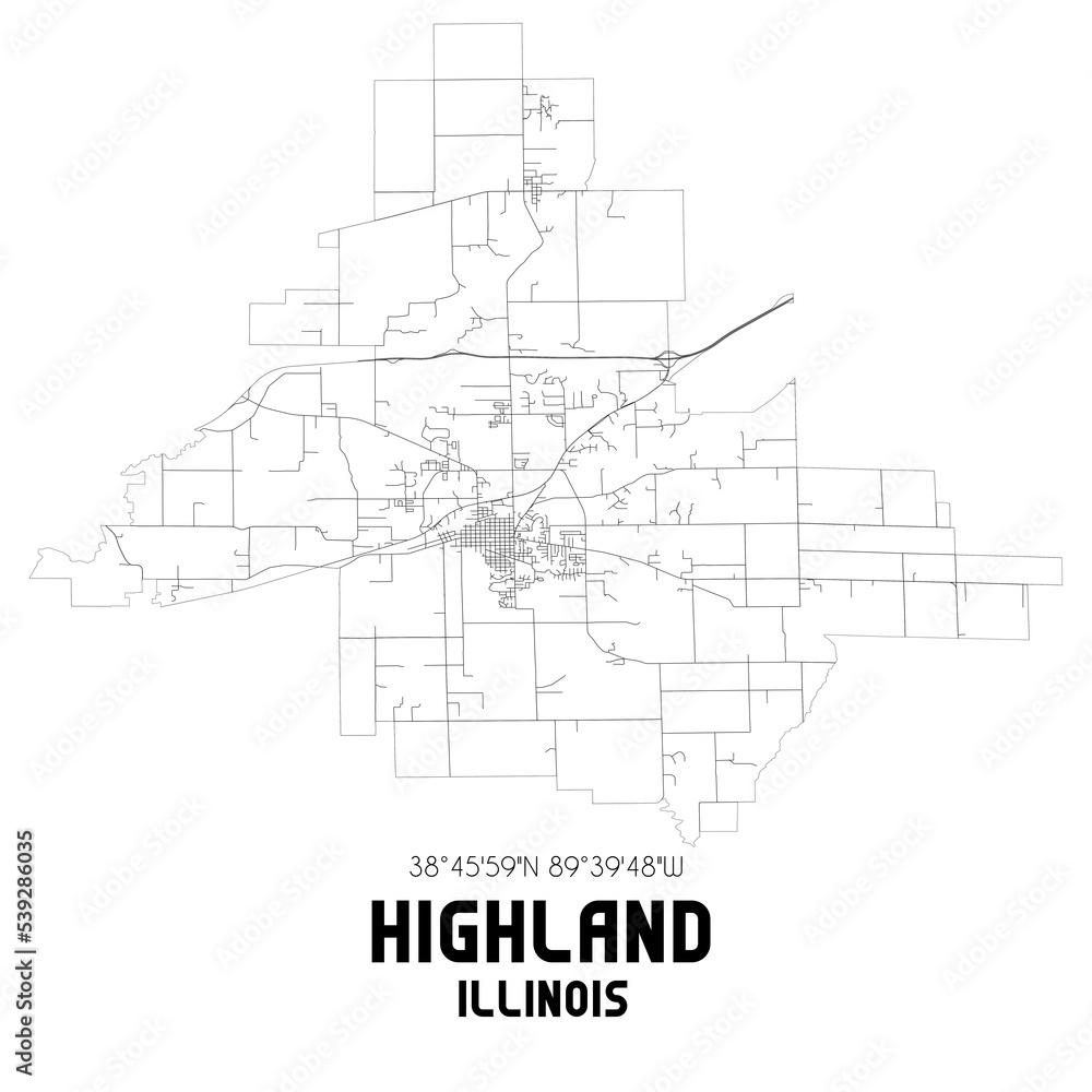 Highland Illinois. US street map with black and white lines. Highland Illinois. US street map with black and white lines.