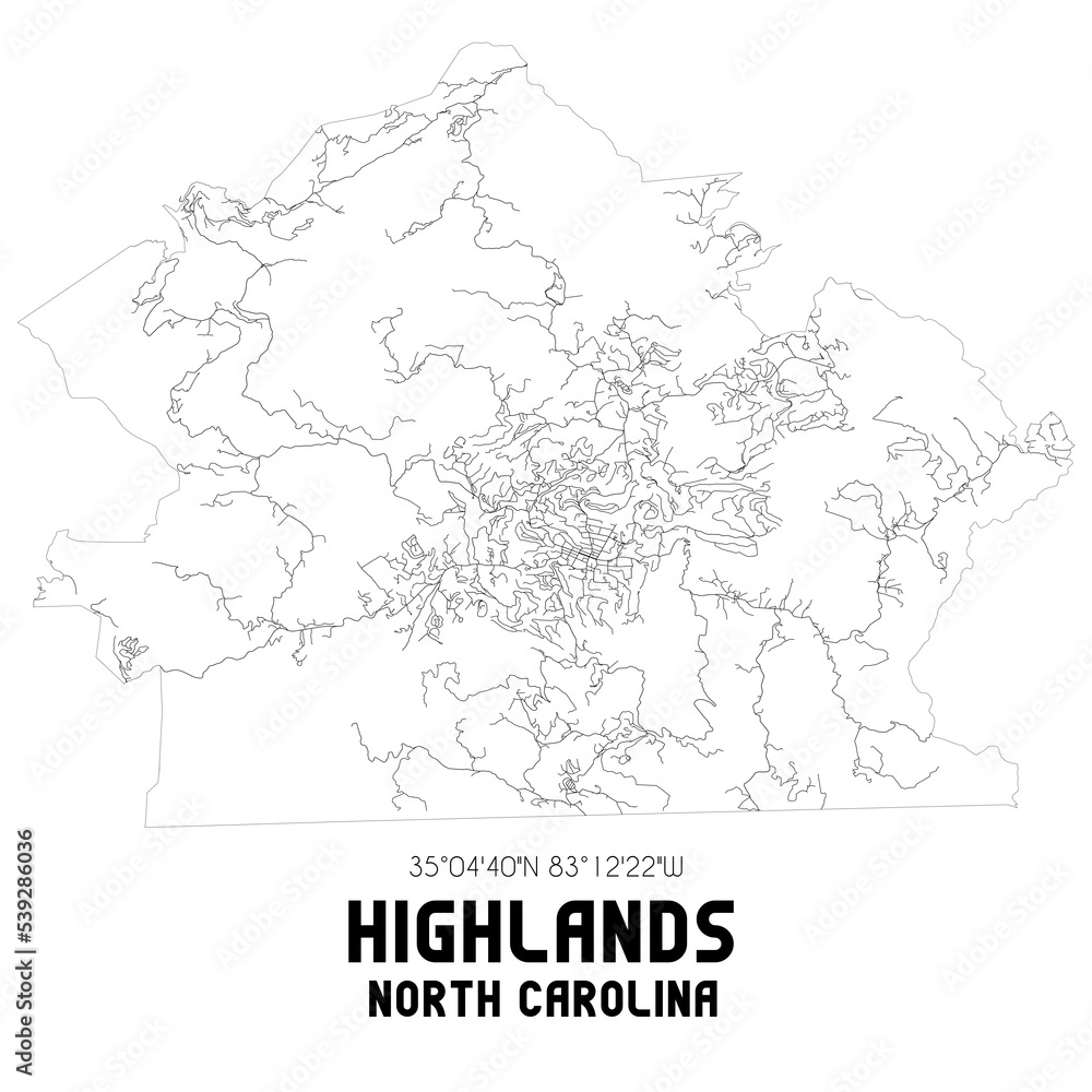 Highlands North Carolina. US street map with black and white lines.