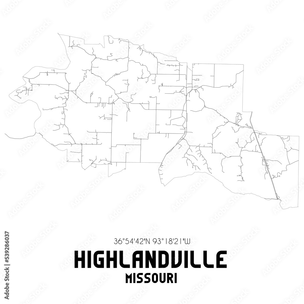 Highlandville Missouri. US street map with black and white lines.