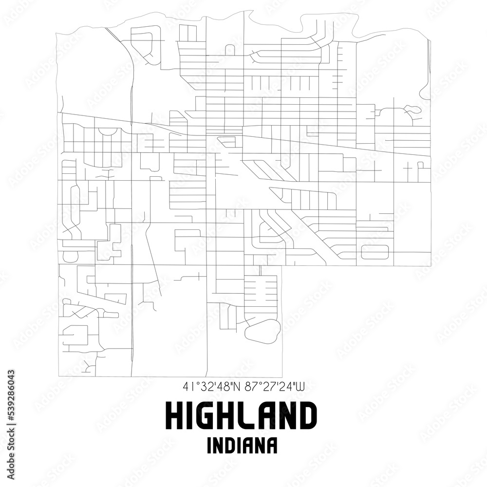 Highland Indiana. US street map with black and white lines.