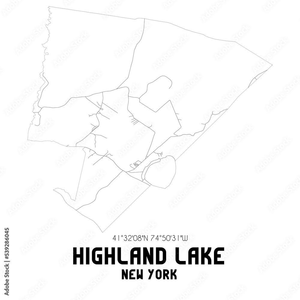 Highland Lake New York. US street map with black and white lines.
