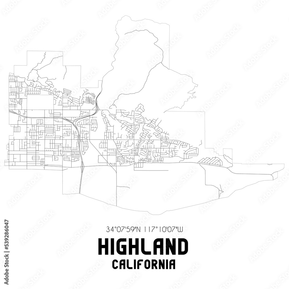 Highland California. US street map with black and white lines. Highland California. US street map with black and white lines.