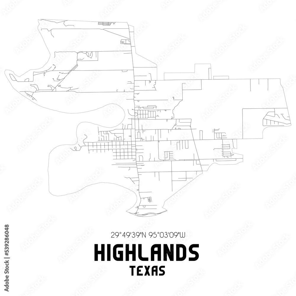 Highlands Texas. US street map with black and white lines.
