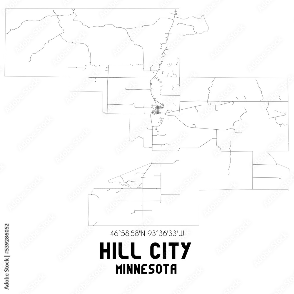 Hill City Minnesota. US street map with black and white lines.