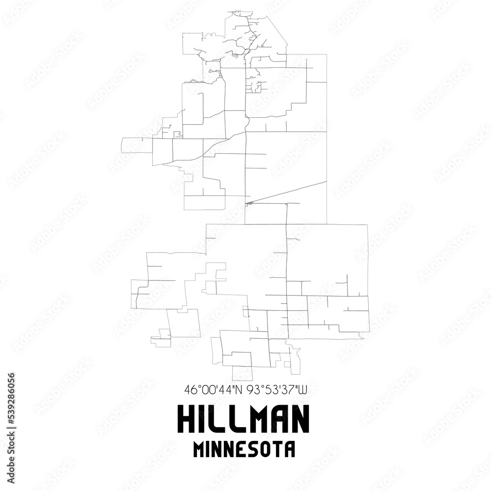 Hillman Minnesota. US street map with black and white lines.