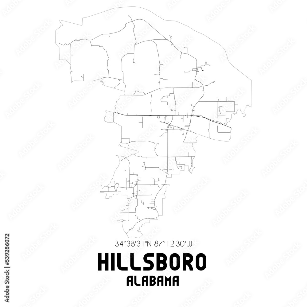 Hillsboro Alabama. US street map with black and white lines. Hillsboro Alabama. US street map with black and white lines.