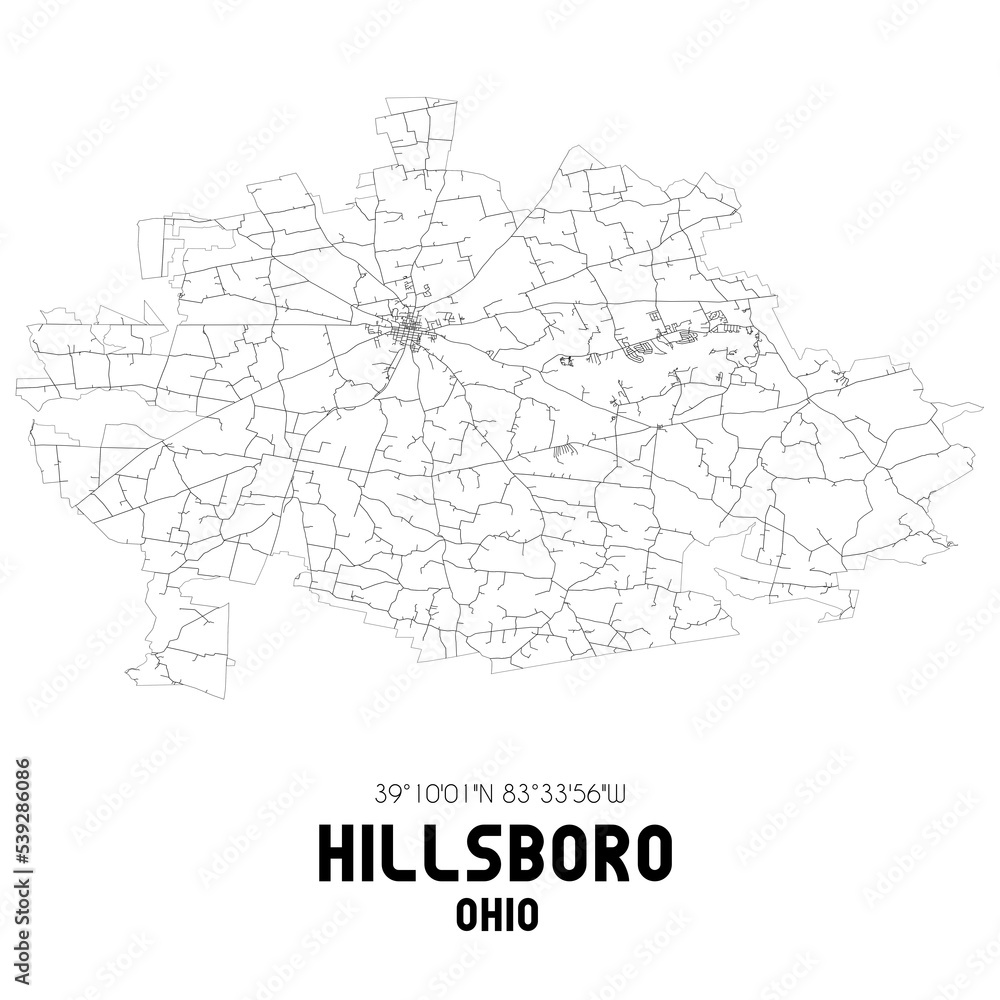 Hillsboro Ohio. US street map with black and white lines.