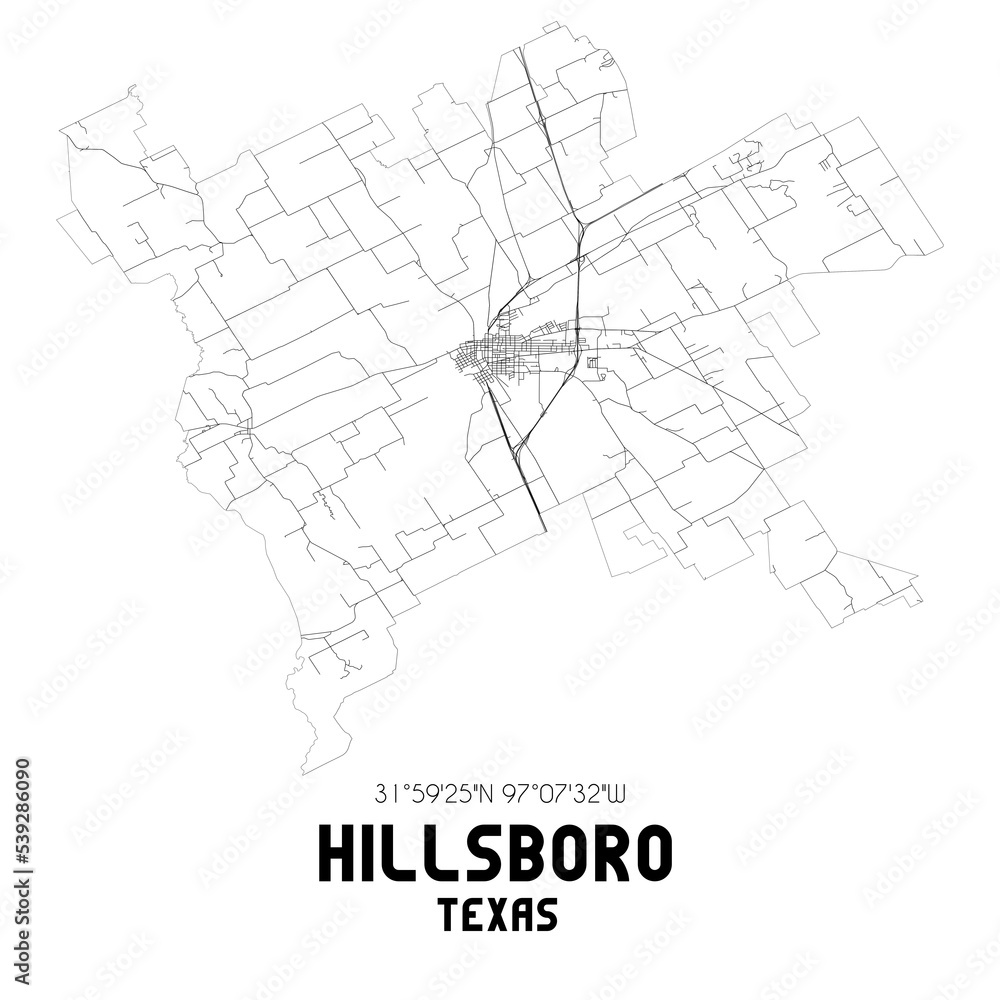 Hillsboro Texas. US street map with black and white lines.