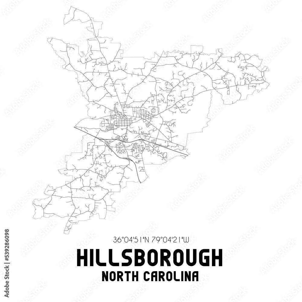 Hillsborough North Carolina. US street map with black and white lines.