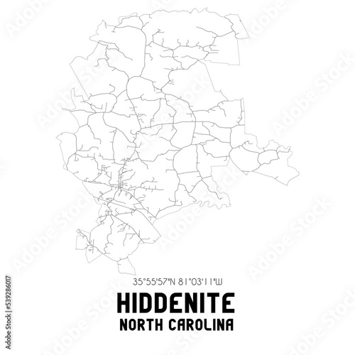 Hiddenite North Carolina. US street map with black and white lines.