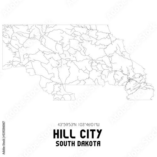 Hill City South Dakota. US street map with black and white lines.