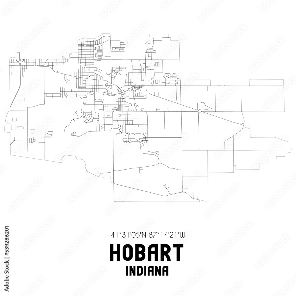Hobart Indiana. US street map with black and white lines.