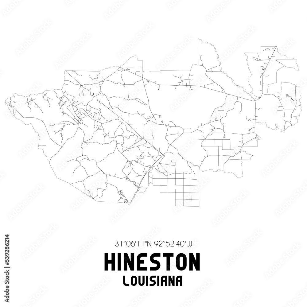 Hineston Louisiana. US street map with black and white lines.