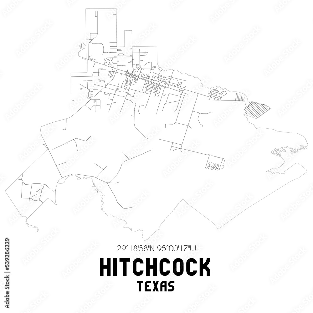 Hitchcock Texas. US street map with black and white lines.