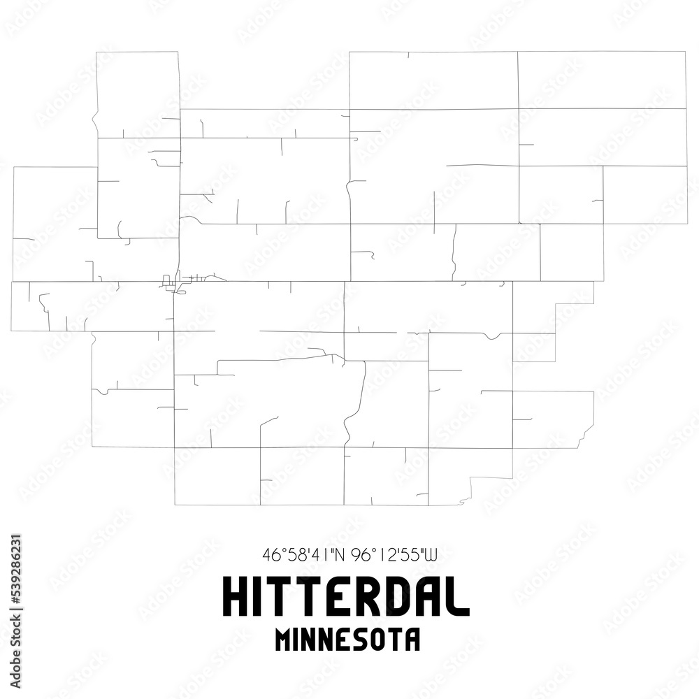 Hitterdal Minnesota. US street map with black and white lines.