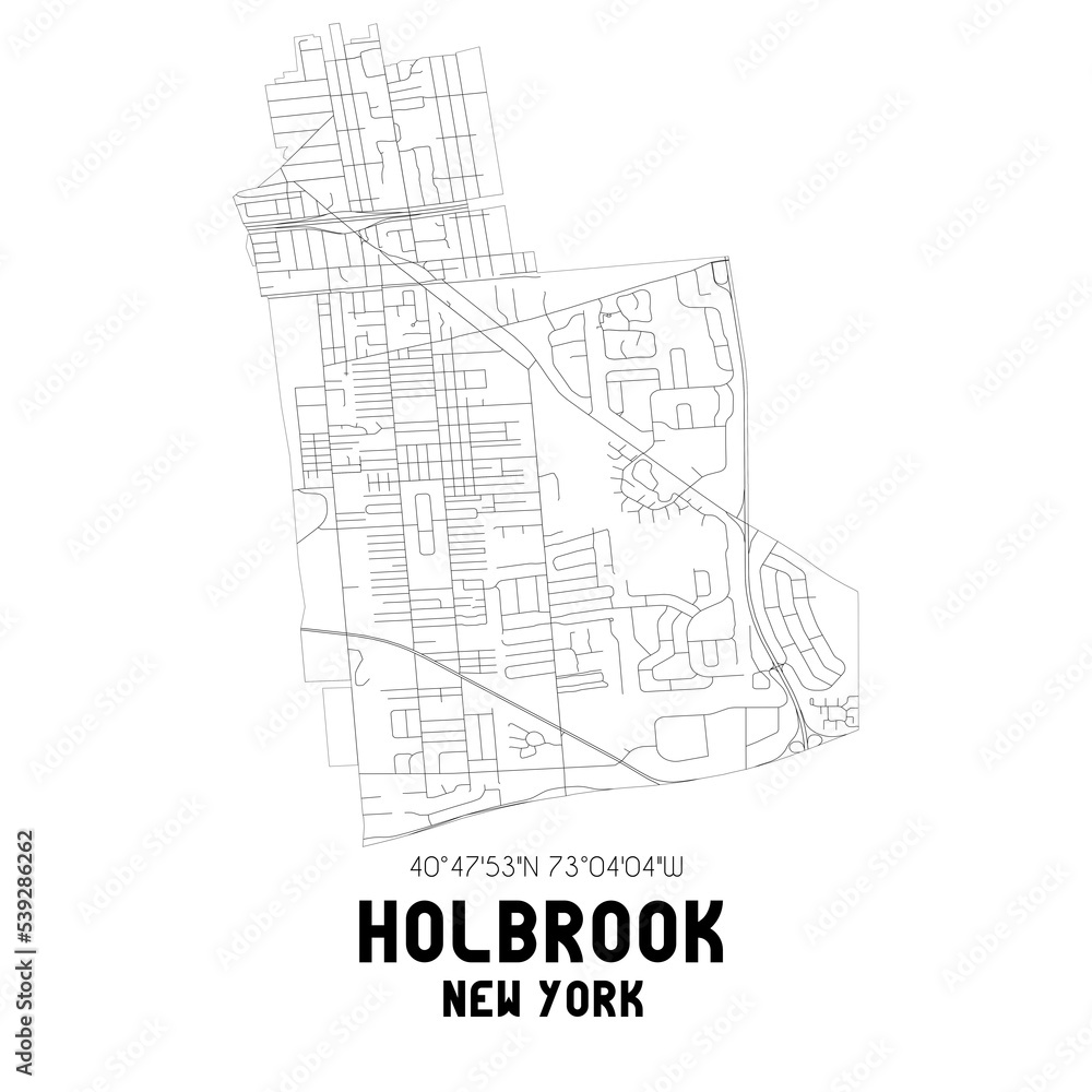Holbrook New York. US street map with black and white lines.