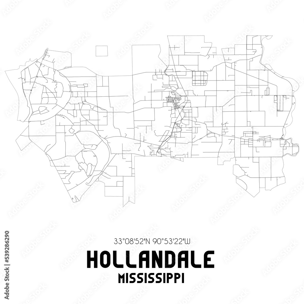 Hollandale Mississippi. US street map with black and white lines.
