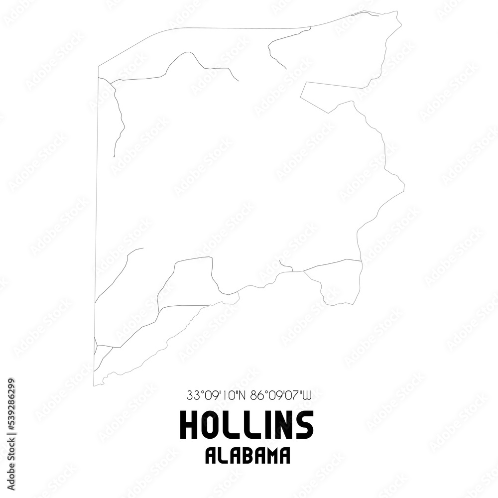 Hollins Alabama. US street map with black and white lines.
