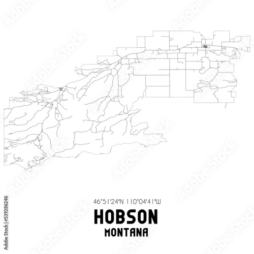 Hobson Montana. US street map with black and white lines.