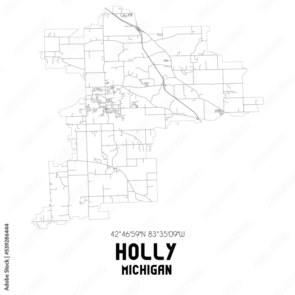 Holly Michigan. US street map with black and white lines.