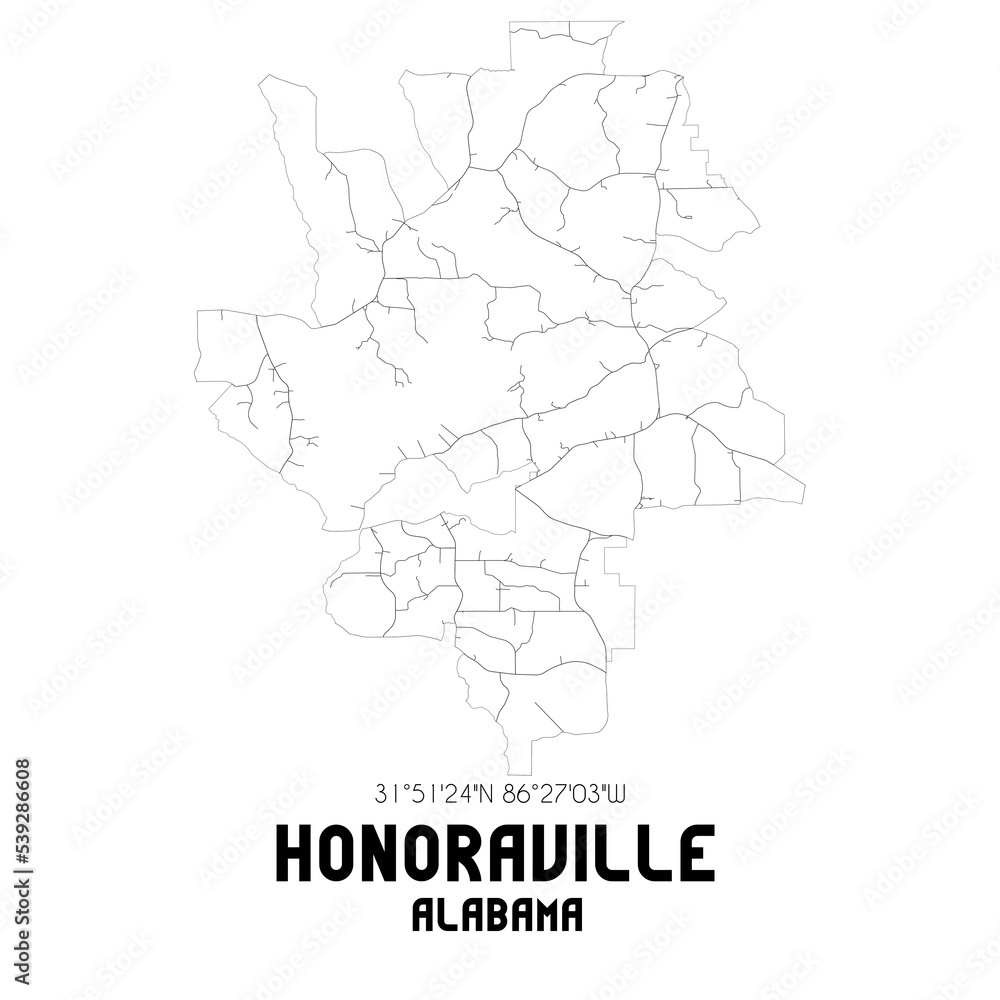 Honoraville Alabama. US street map with black and white lines.