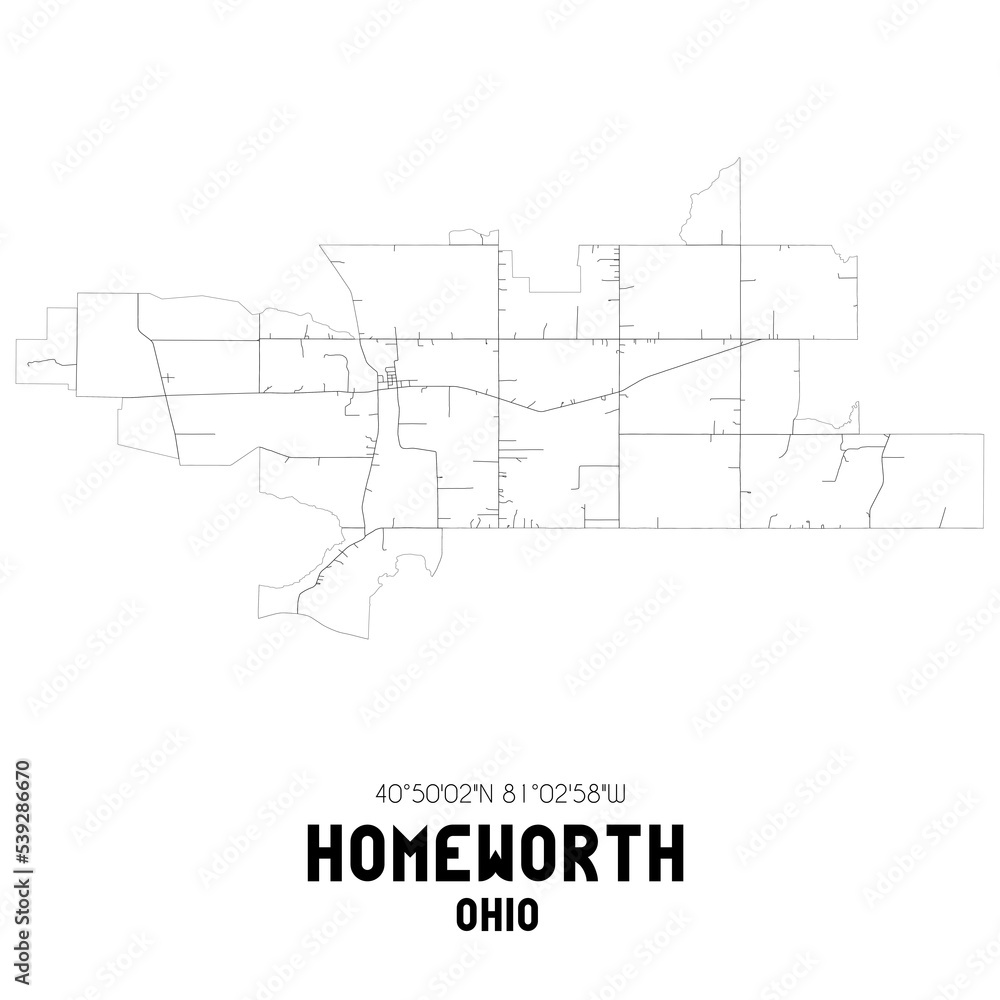 Homeworth Ohio. US street map with black and white lines.