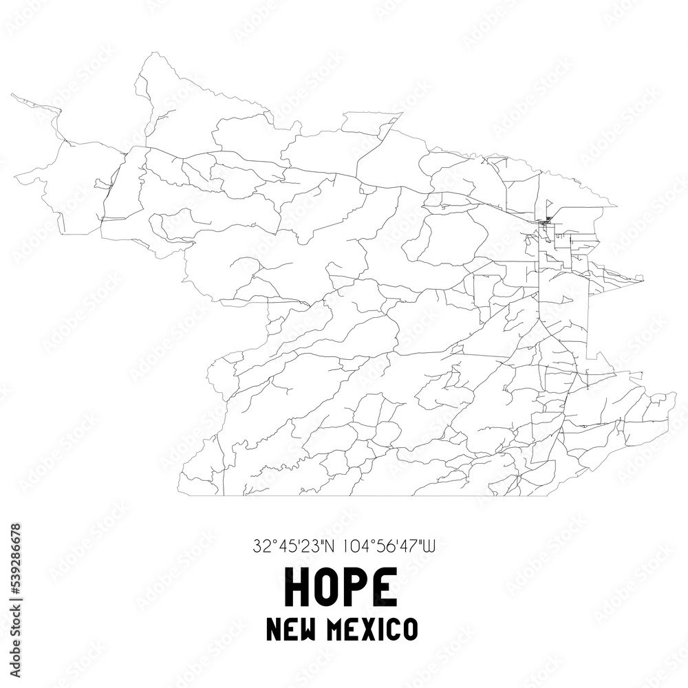 Hope New Mexico. US street map with black and white lines.