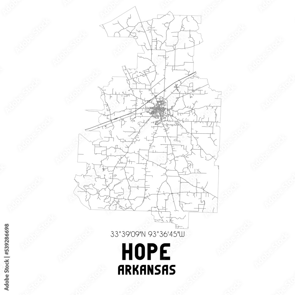Hope Arkansas. US street map with black and white lines.