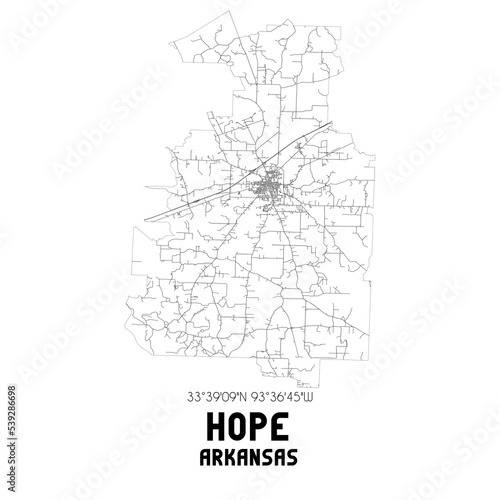 Hope Arkansas. US street map with black and white lines.