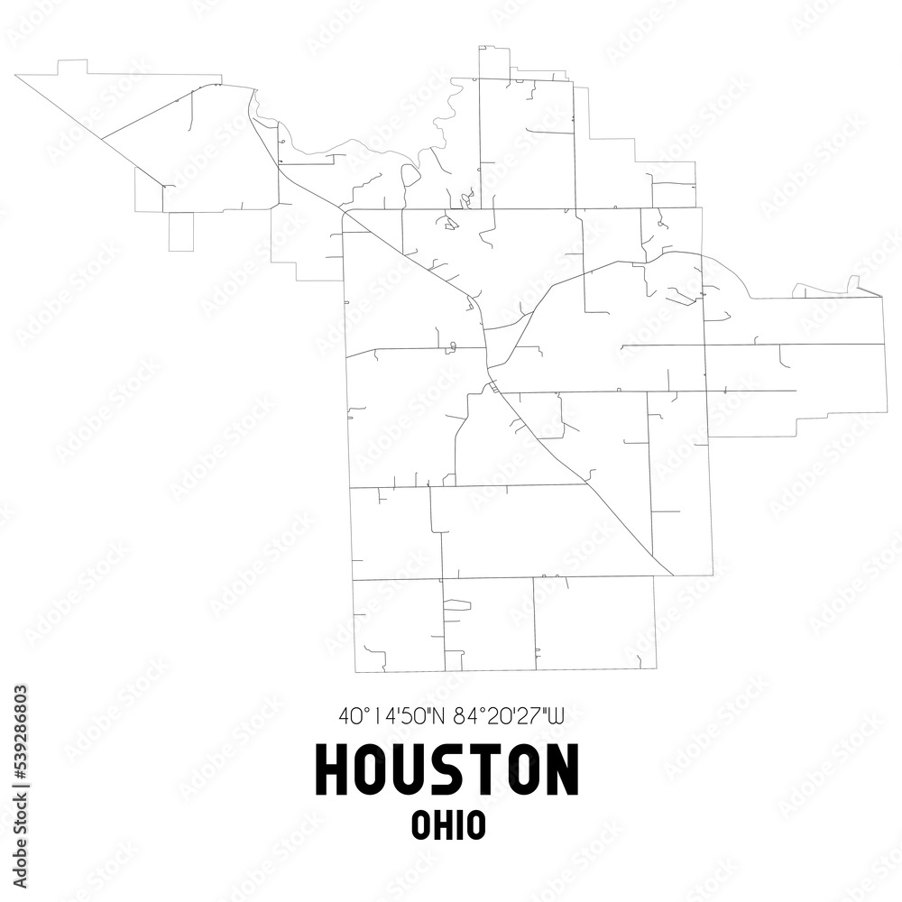 Houston Ohio. US street map with black and white lines.
