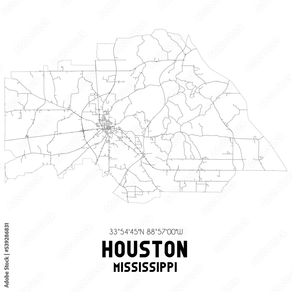 Houston Mississippi. US street map with black and white lines.