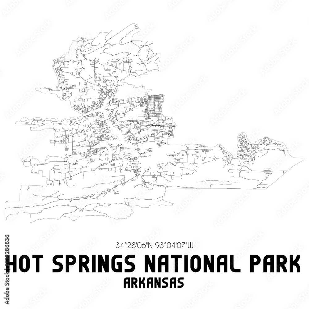 Hot Springs National Park Arkansas. US street map with black and white lines.