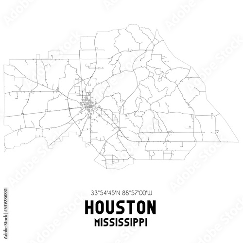 Houston Mississippi. US street map with black and white lines.
